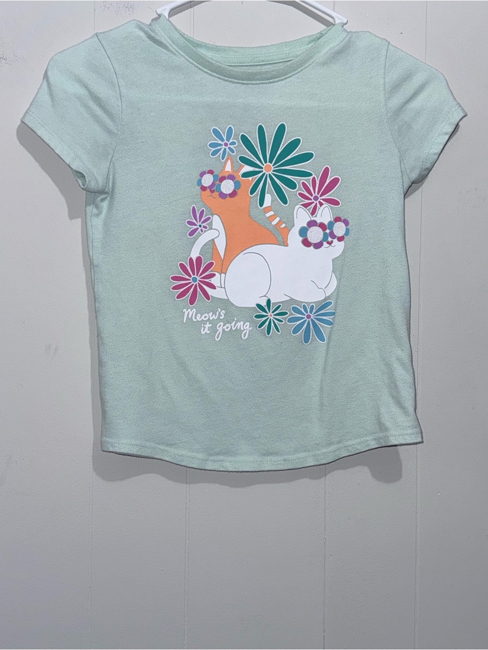 Jumping Beans "Meow's It Going" Cat Graphic Softest Tee Size 7 Mint Green